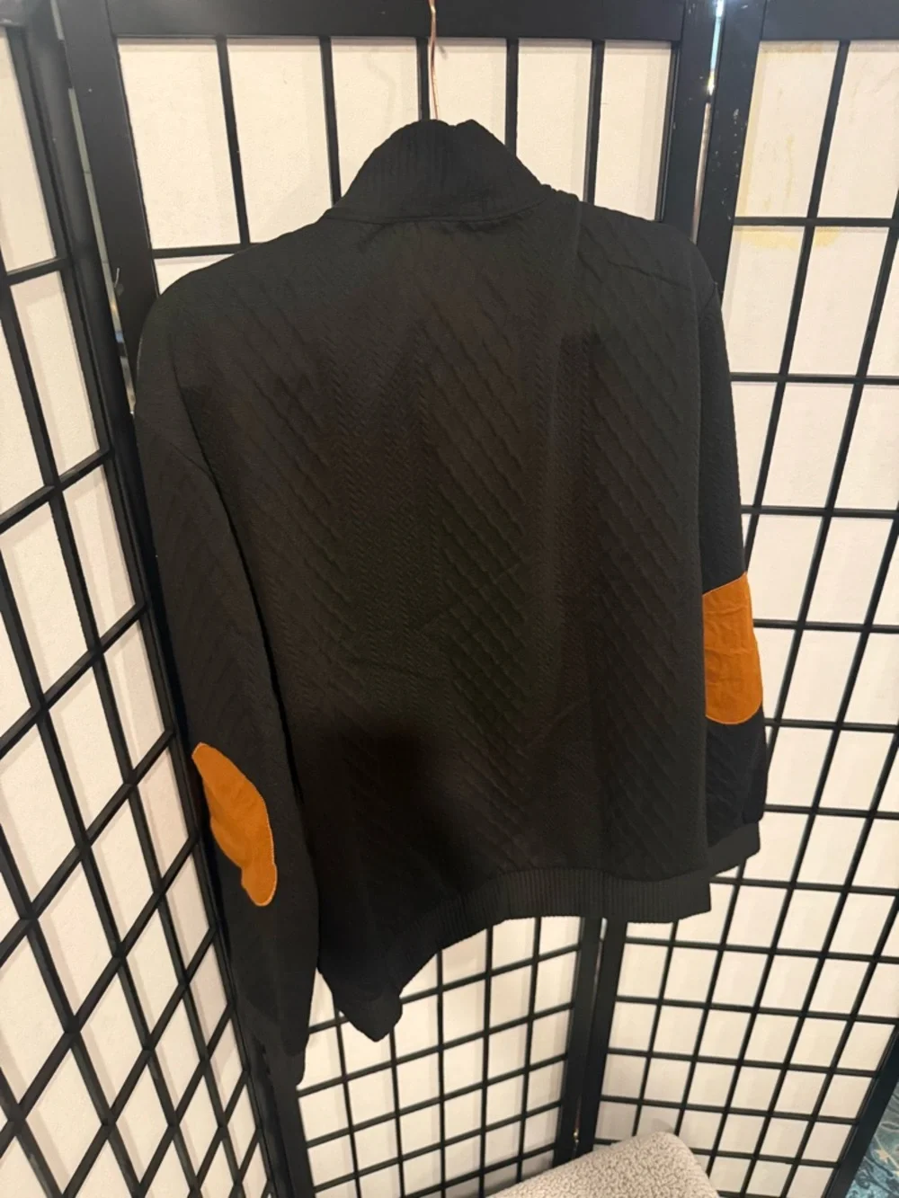 NWT Men’s Black Quarter Button‎ Pullover Sweater L Textured Knit Elbow Patch